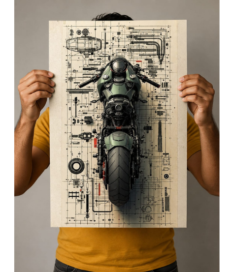 Motorcycle Blueprint 3D Metal Poster | Industrial Wall Art | Premium Metal Print