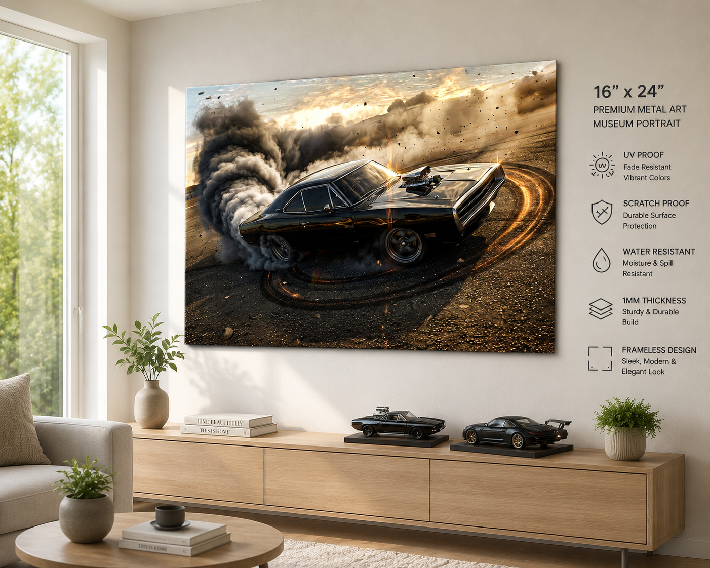 Black Muscle Car Drift Premium Frameless Metal Wall Art